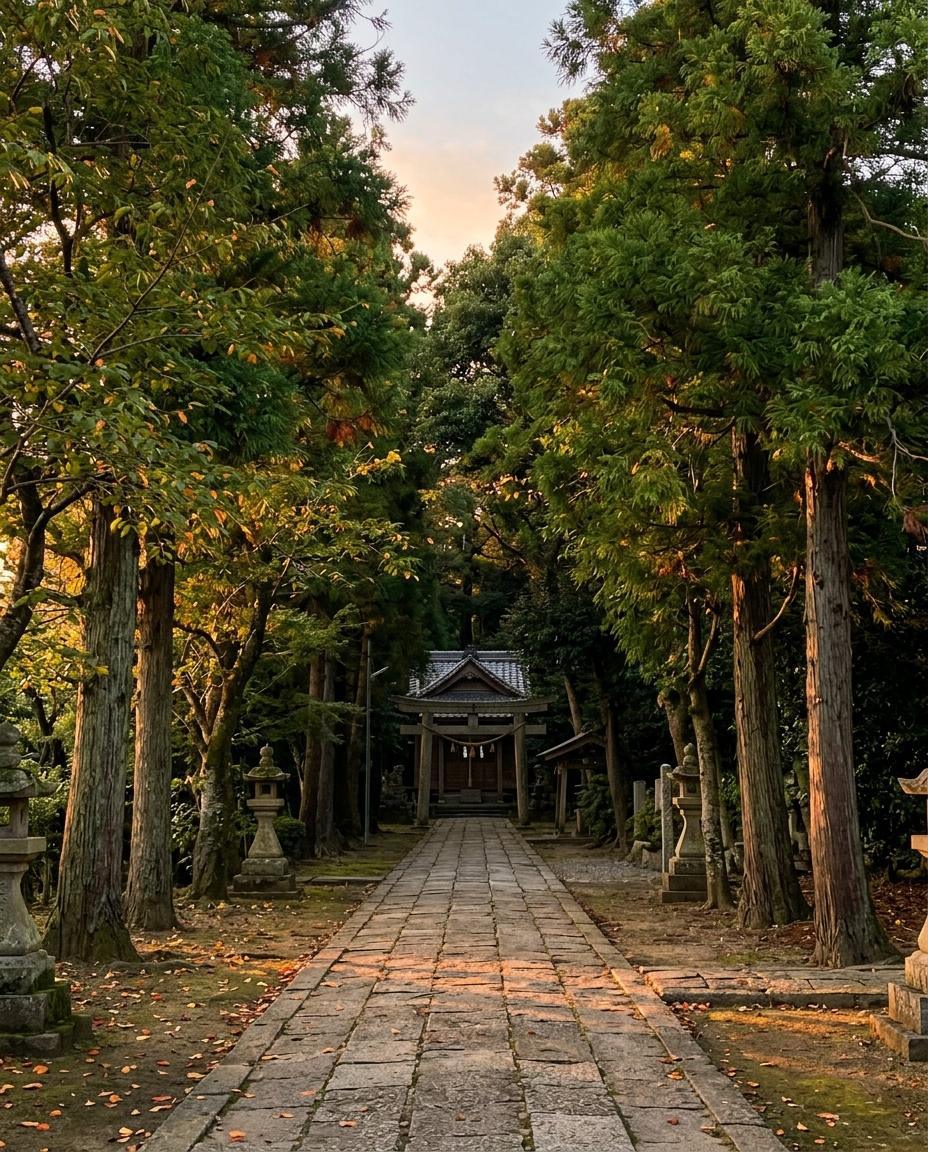 夕暮れの神社の参道。杉並木の先に社殿